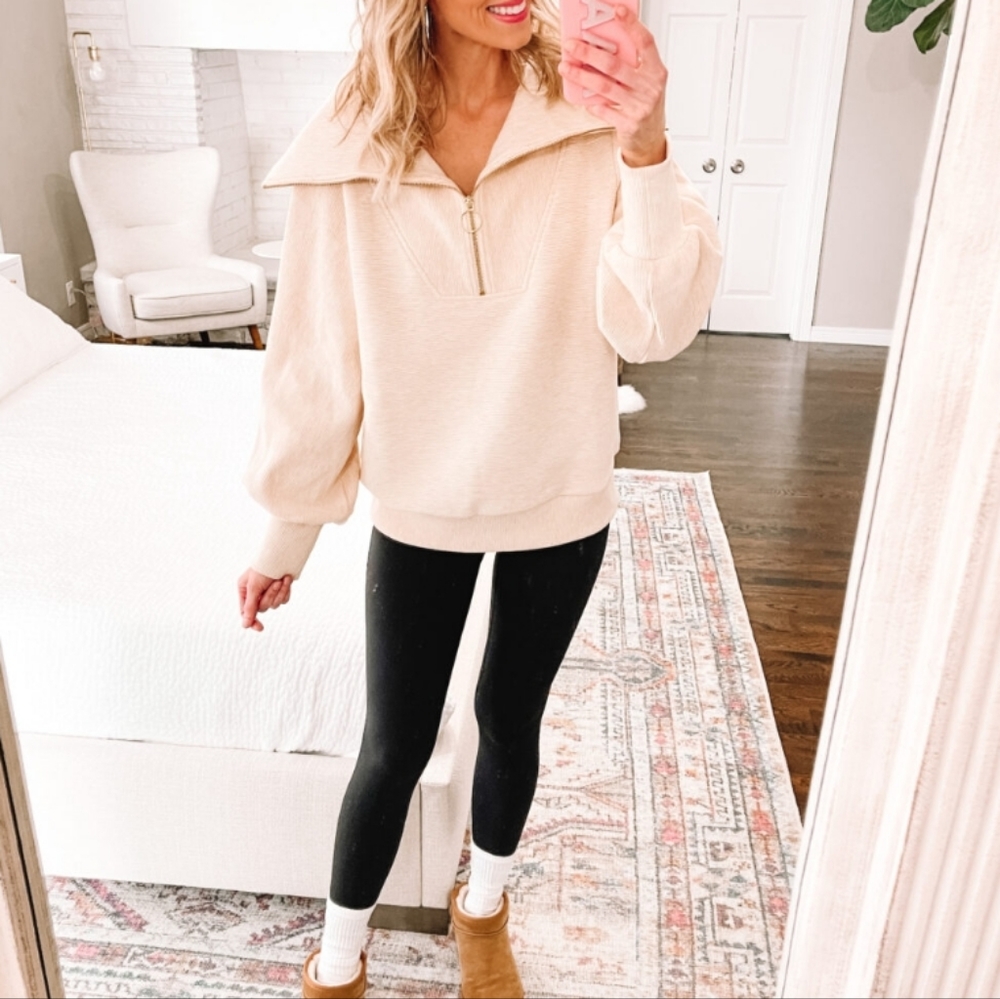 Quarter Zip Ribbed Pullover Top Beige Tan Large - Picture 12 of 13